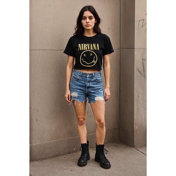 Nirvana Smiley Face Black Crop Top T-Shirt | Grunge Band Graphic Tee - Picture 1 of 7